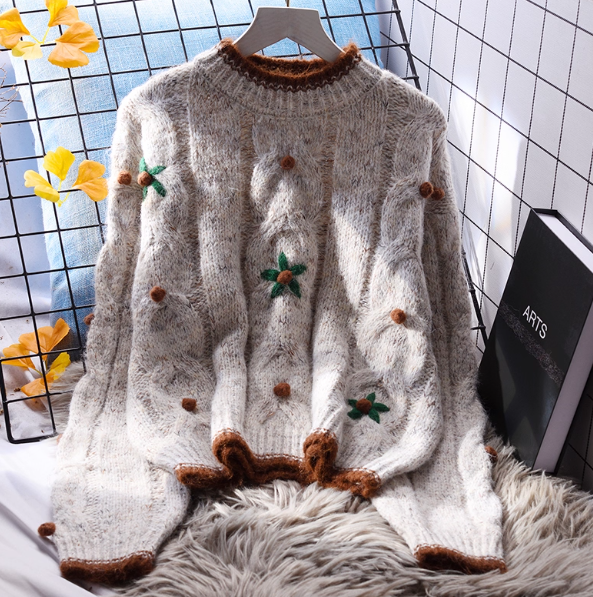 Women  Loose 3D Decorated Crew Neck Sweate  Sweet Knitted Top for Autumn L15