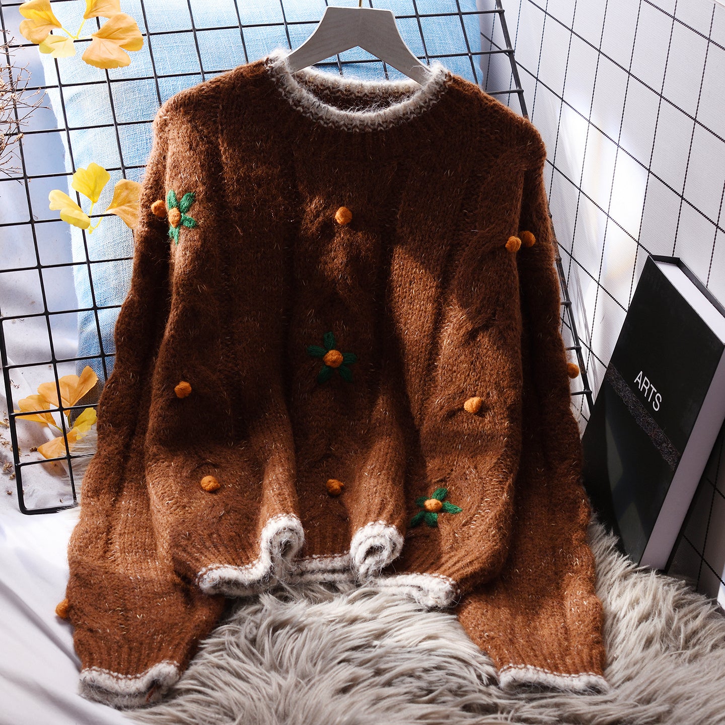 Women  Loose 3D Decorated Crew Neck Sweate  Sweet Knitted Top for Autumn L15