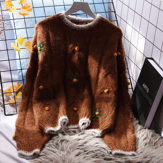 Women  Loose 3D Decorated Crew Neck Sweate  Sweet Knitted Top for Autumn L15
