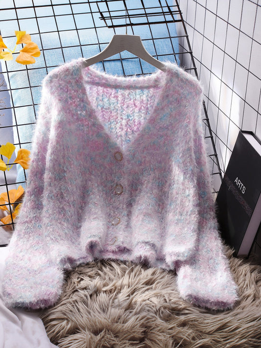 Women Loose  V-neck Cardigan Sweet Knitted Top for Autumn Outer Wear L17