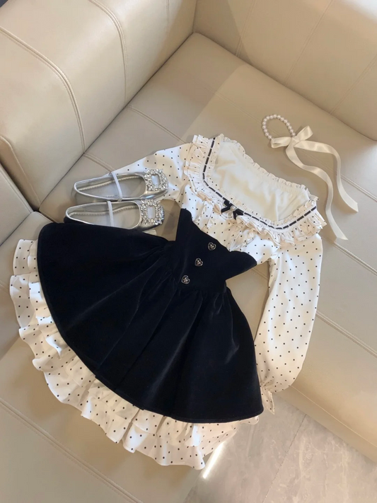 Polka Dot Long-sleeve Short Dress Cute Birthday Outfit L18
