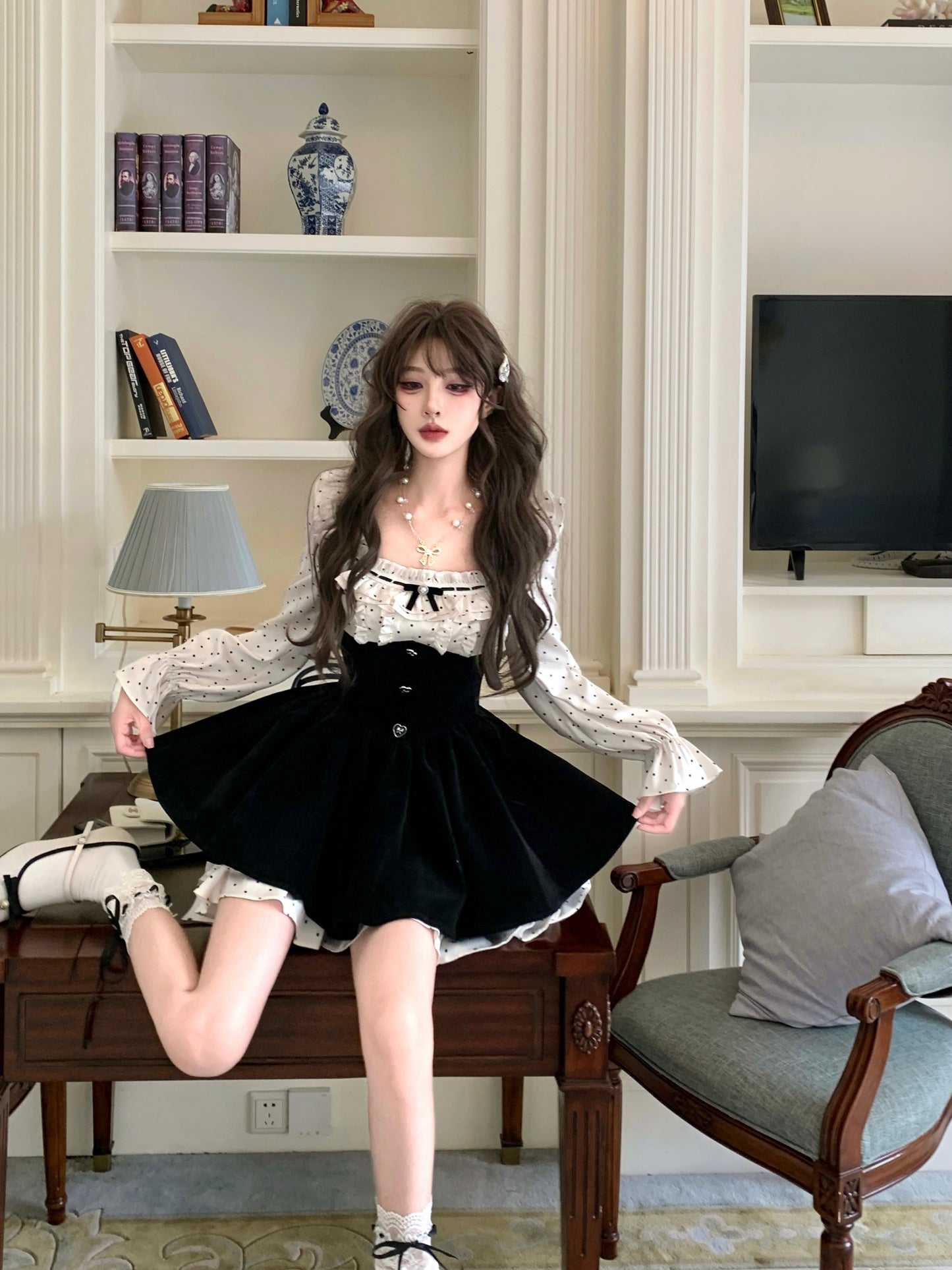 Polka Dot Long-sleeve Short Dress Cute Birthday Outfit L18