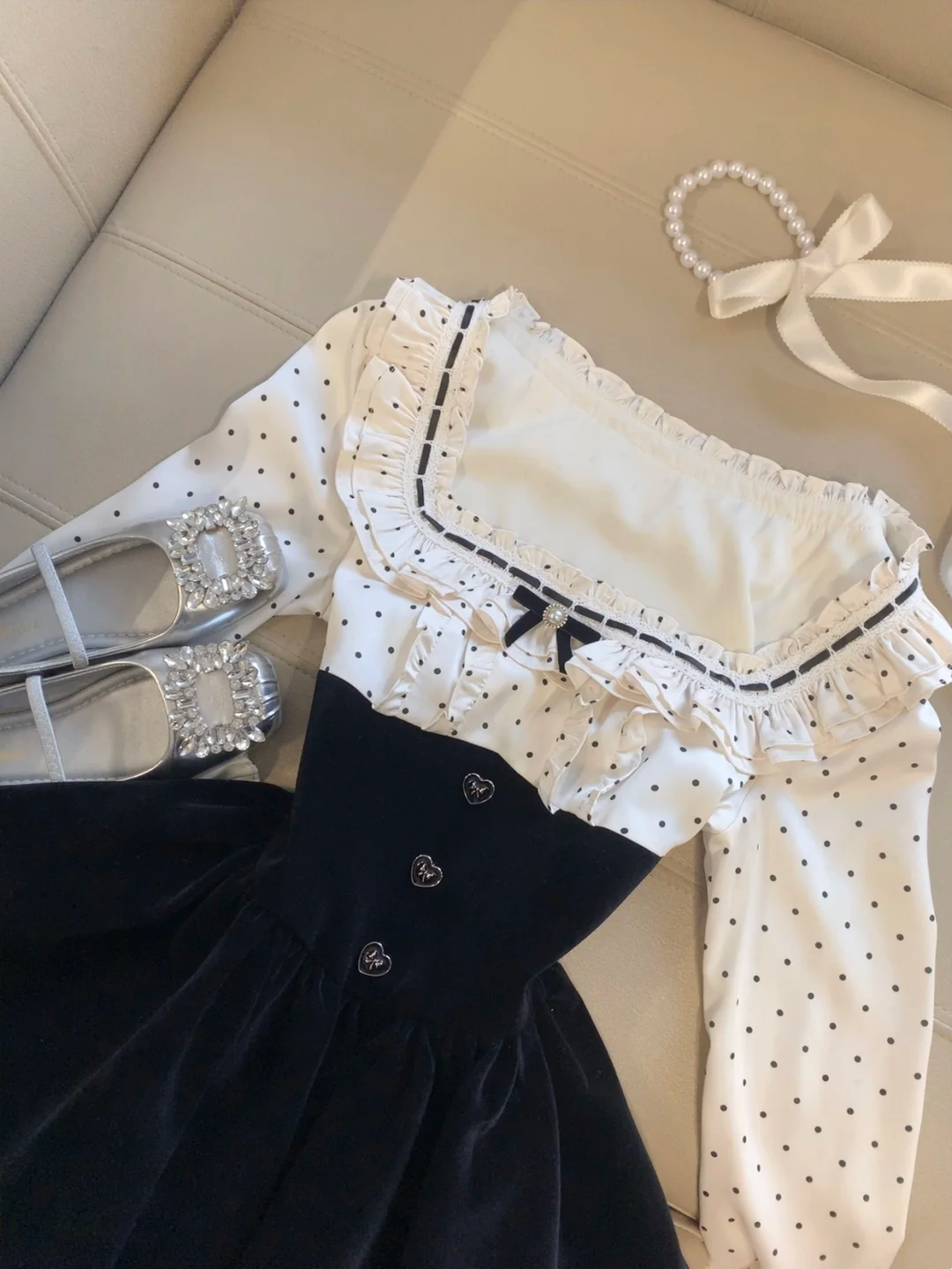 Polka Dot Long-sleeve Short Dress Cute Birthday Outfit L18