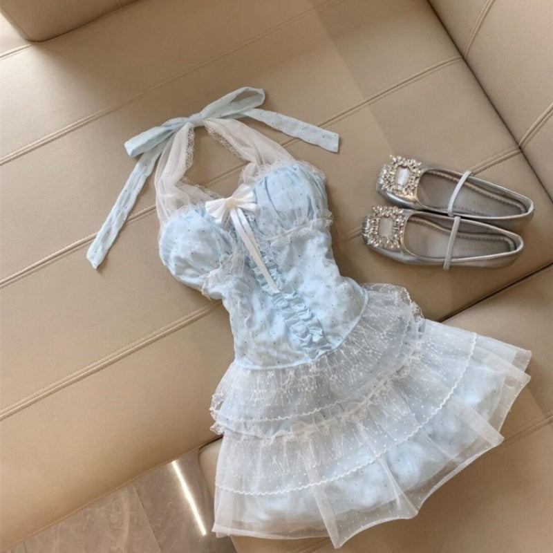 Mesh Halter Neck Fluffy Short Skirt Set  Sweet Birthday Dress L25