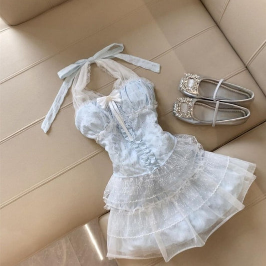 Mesh Halter Neck Fluffy Short Skirt Set  Sweet Birthday Dress L25