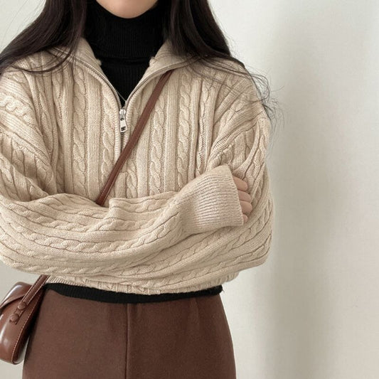 Retro Knit Pullover Sweater for Women Autumn Zip-up Casual Long-sleeved Pullover Top L3