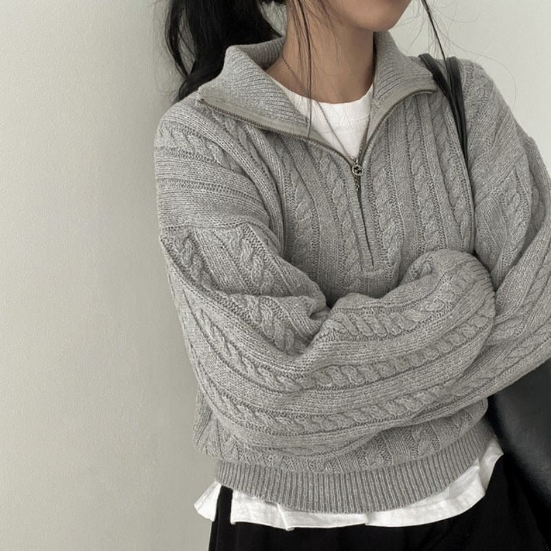 Retro Knit Pullover Sweater for Women Autumn Zip-up Casual Long-sleeved Pullover Top L3