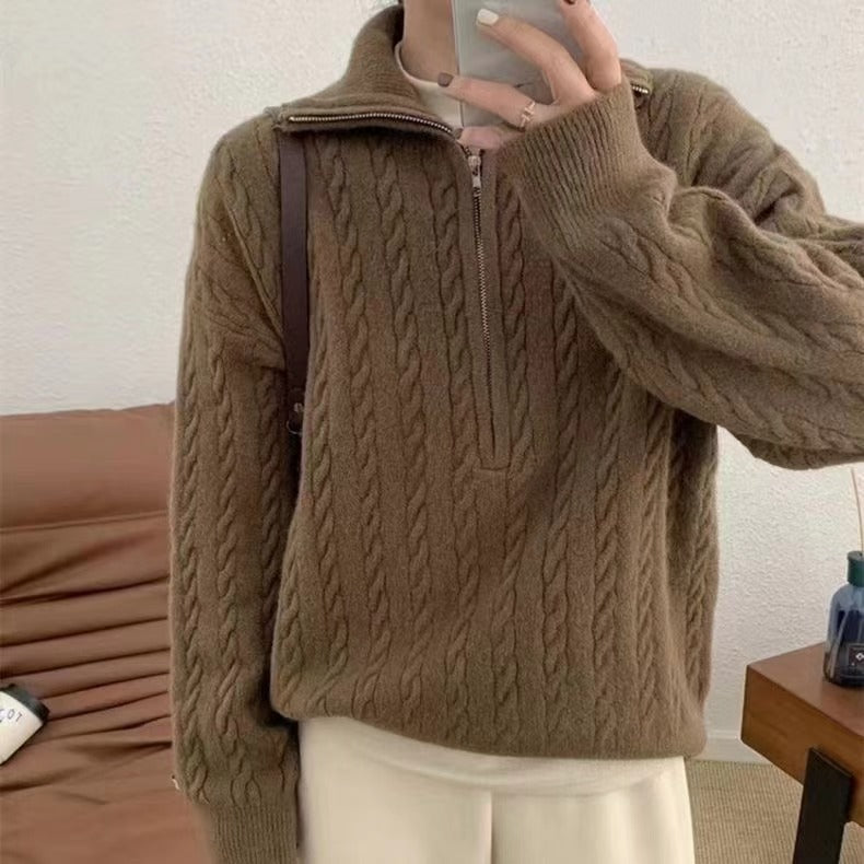 Retro Knit Pullover Sweater for Women Autumn Zip-up Casual Long-sleeved Pullover Top L3