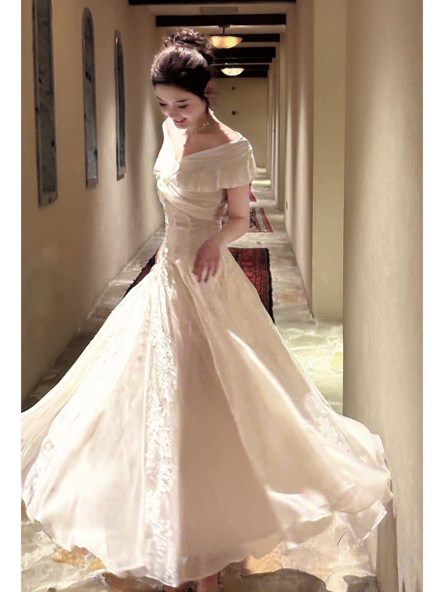 Ruffle Off The Shoulder Beige Prom Dress A Line Lace Formal Dress  L30