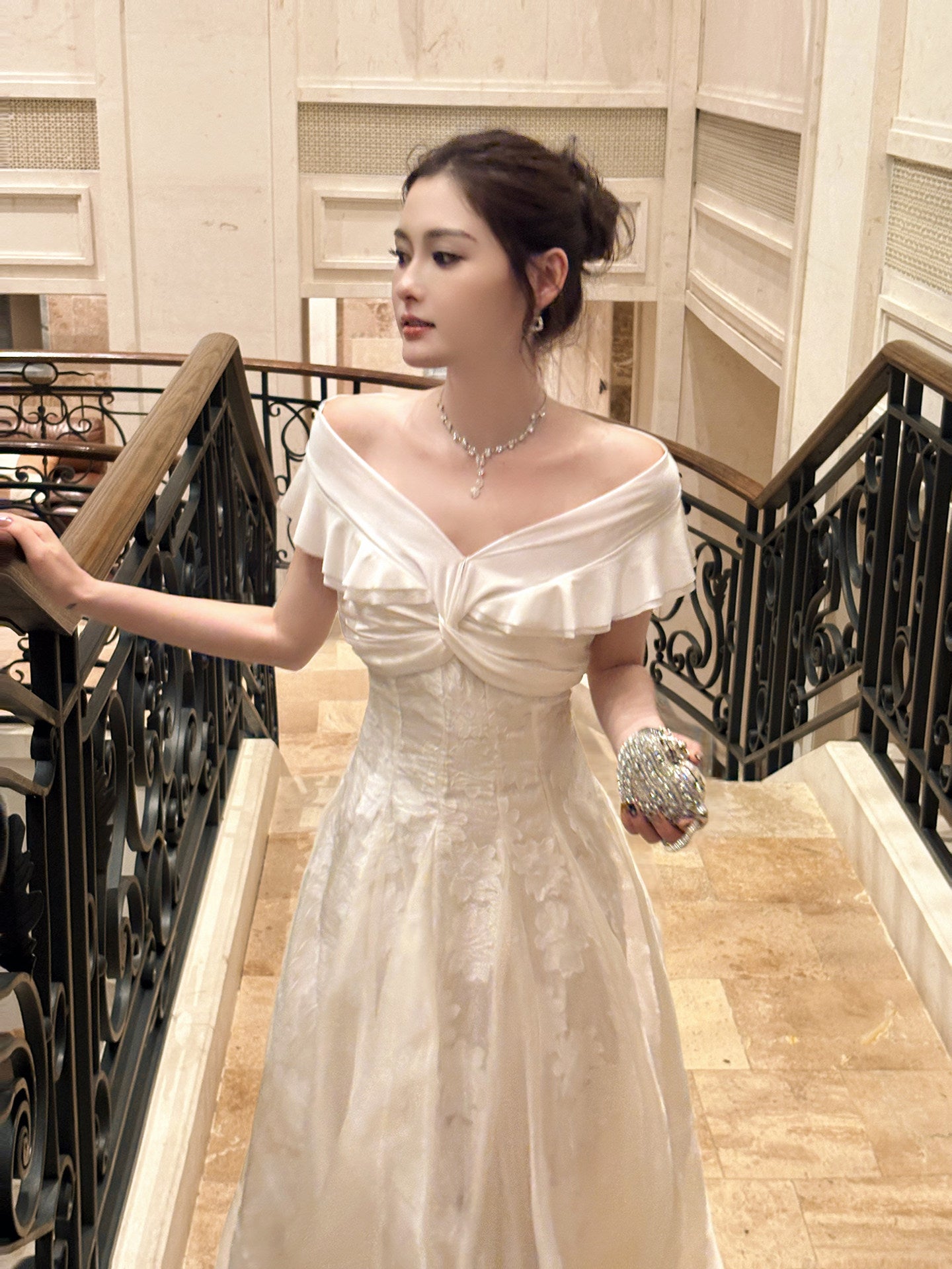 Ruffle Off The Shoulder Beige Prom Dress A Line Lace Formal Dress  L30