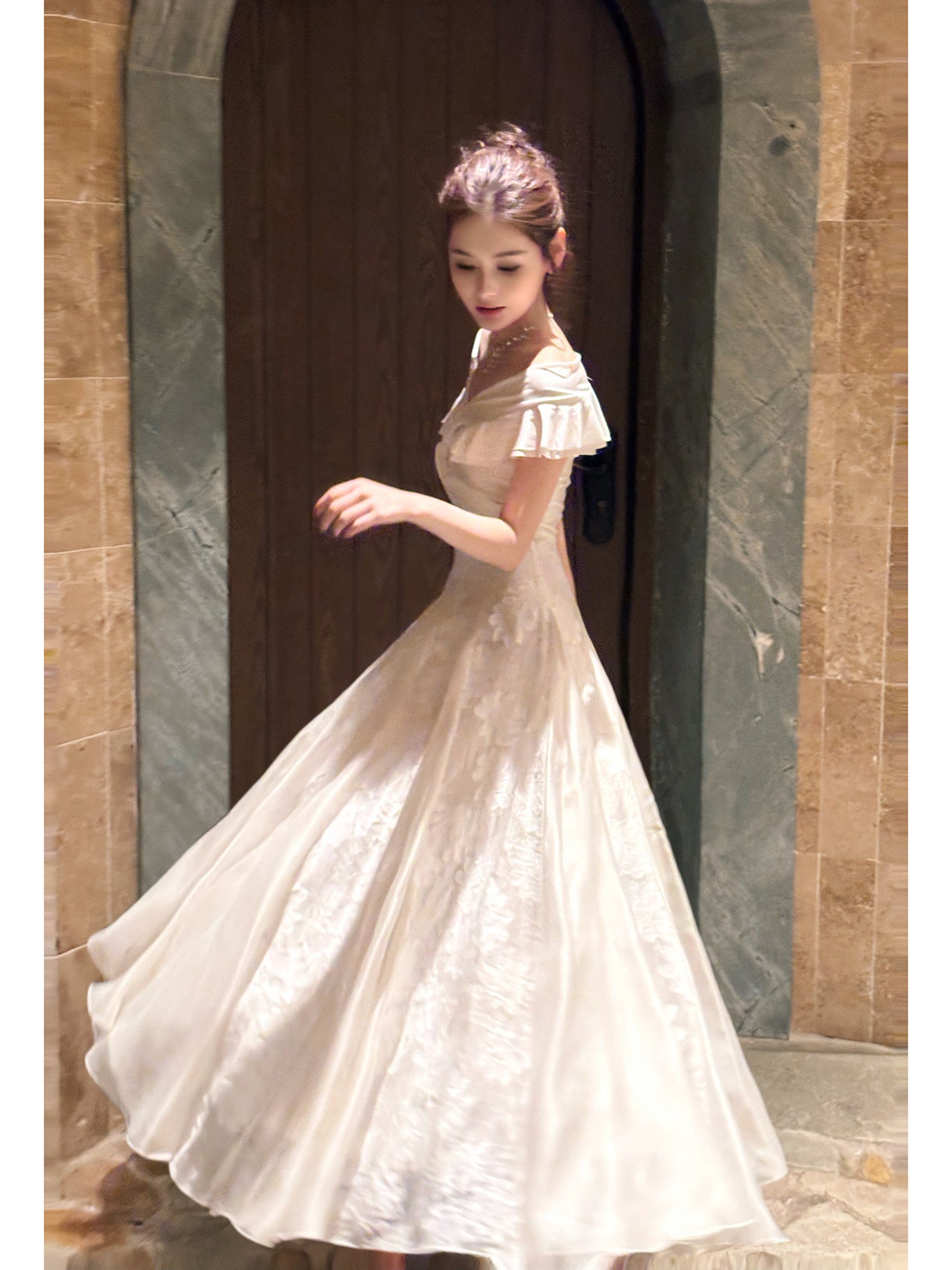 Ruffle Off The Shoulder Beige Prom Dress A Line Lace Formal Dress  L30
