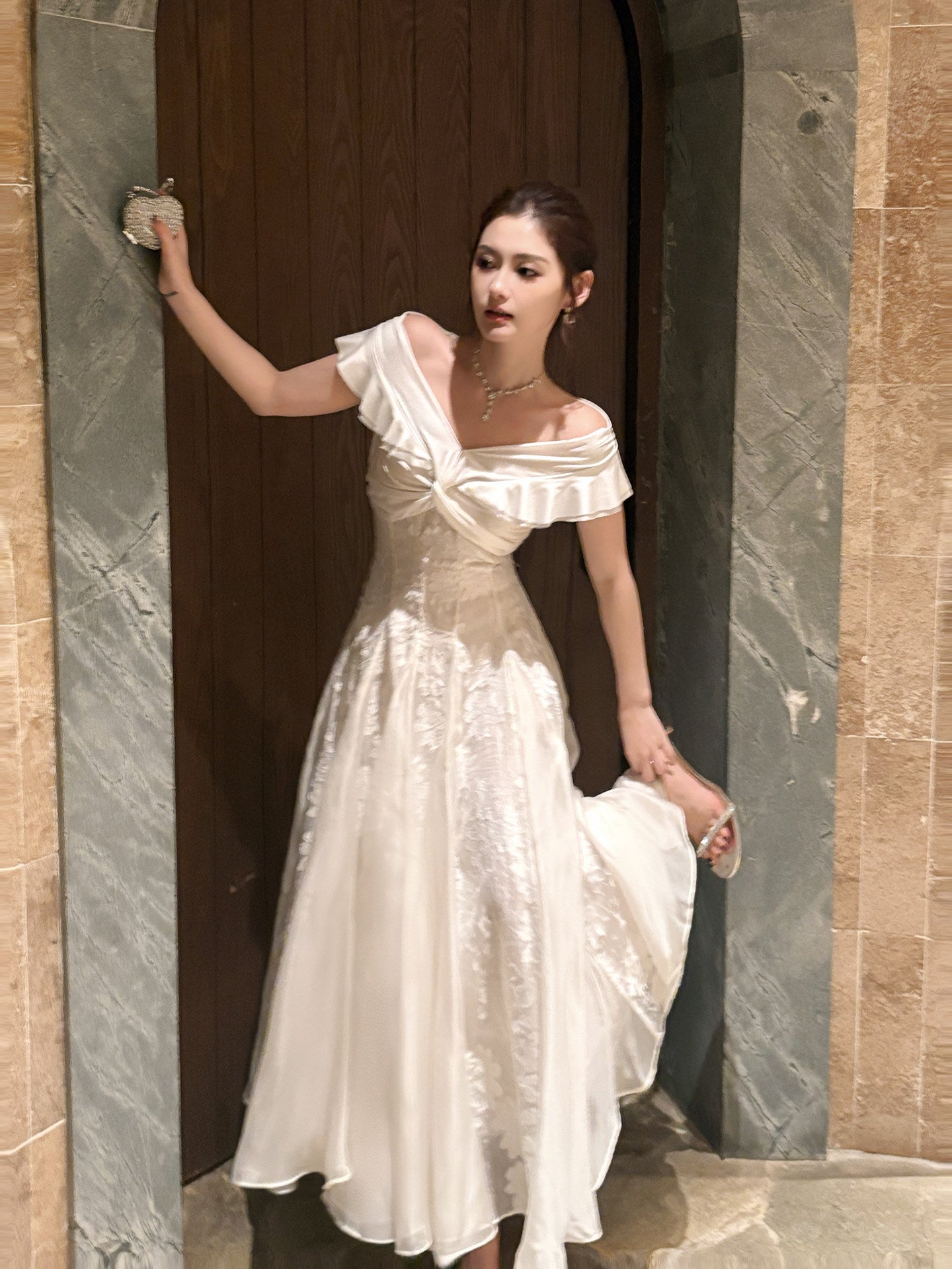 Ruffle Off The Shoulder Beige Prom Dress A Line Lace Formal Dress  L30
