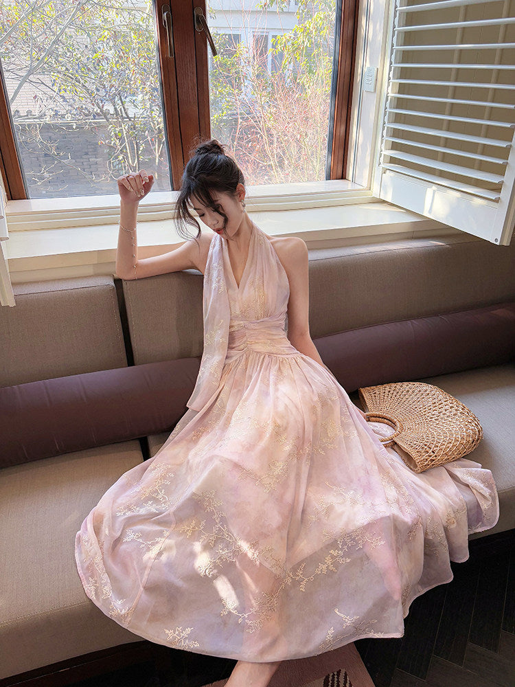 Halter Pink A Line Prom Dress Formal Wedding Guest Dress  L31