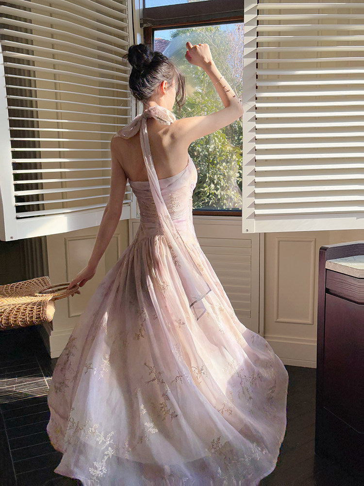 Halter Pink A Line Prom Dress Formal Wedding Guest Dress  L31