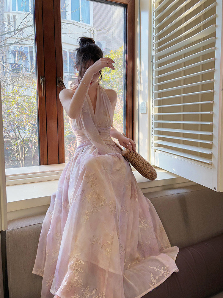 Halter Pink A Line Prom Dress Formal Wedding Guest Dress  L31