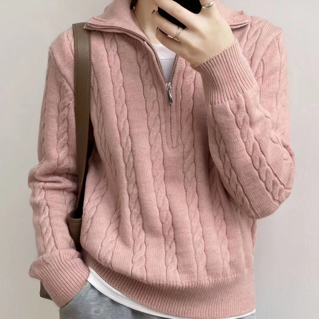 Retro Knit Pullover Sweater for Women Autumn Zip-up Casual Long-sleeved Pullover Top L3