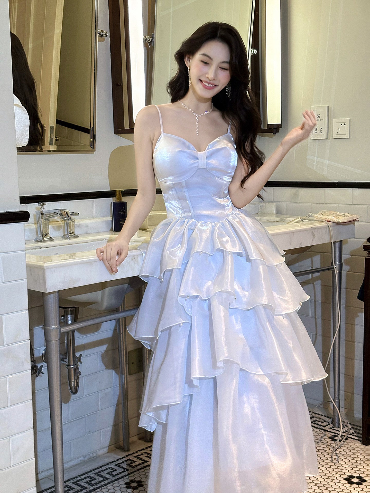 A Line Blue Layered Organza Prom Dress Sweet Formal Party Dress  L33