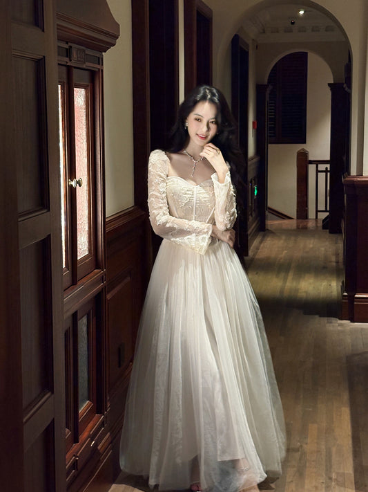 Lace Long Sleeved Evening Dress A Line Formal Party Gowns  L36