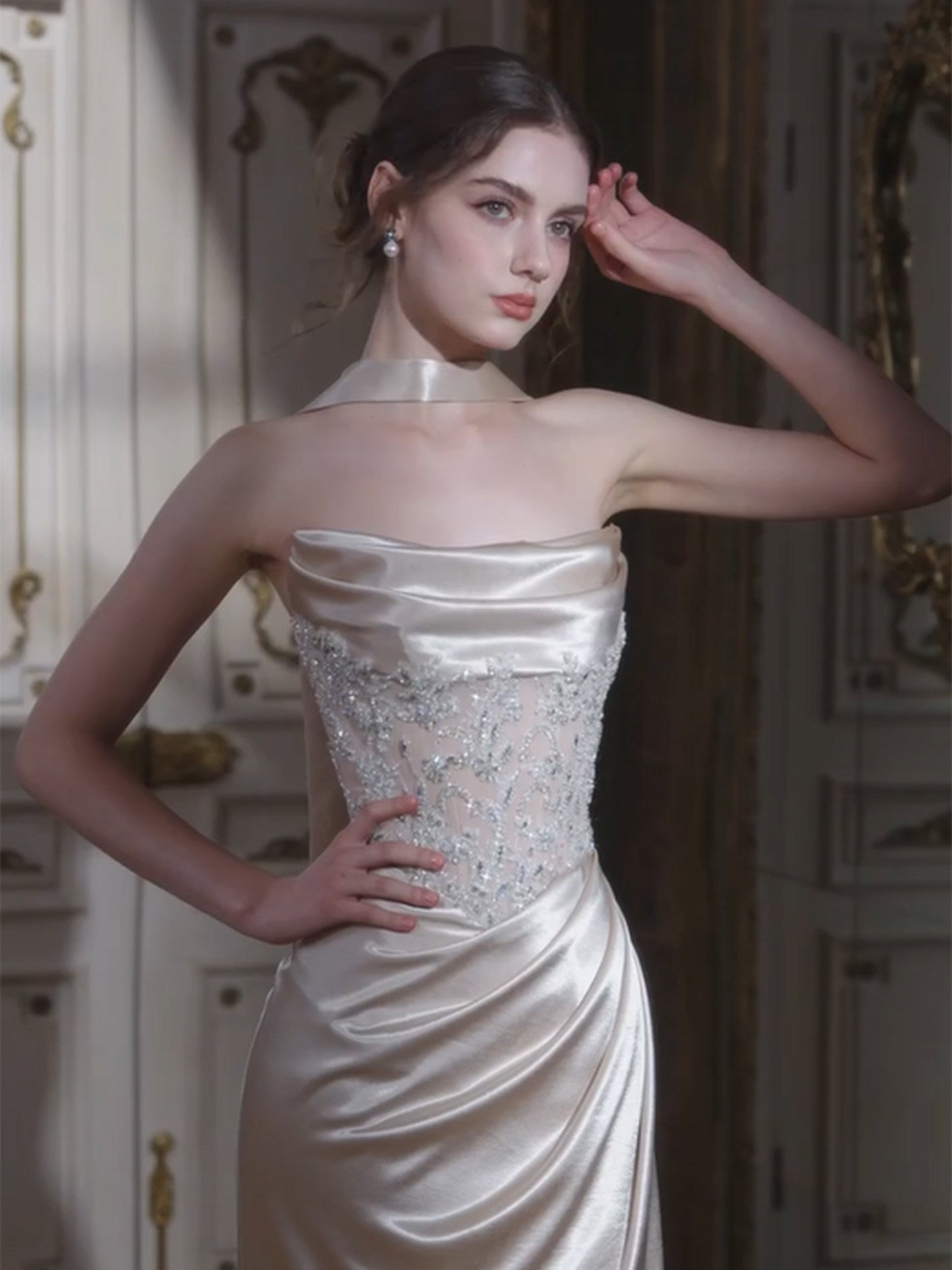 Strapless Satin Prom Dress Sheath Sequin Lace Evening Dress  L37