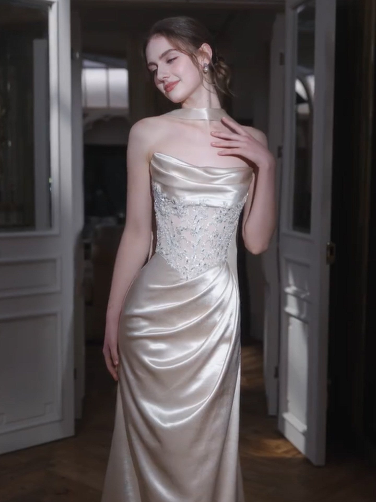 Strapless Satin Prom Dress Sheath Sequin Lace Evening Dress  L37