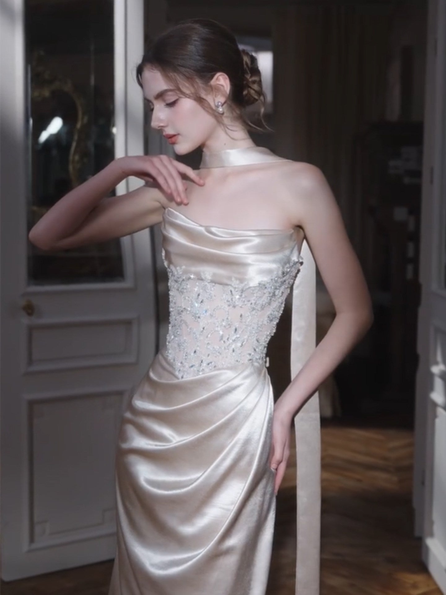 Strapless Satin Prom Dress Sheath Sequin Lace Evening Dress  L37