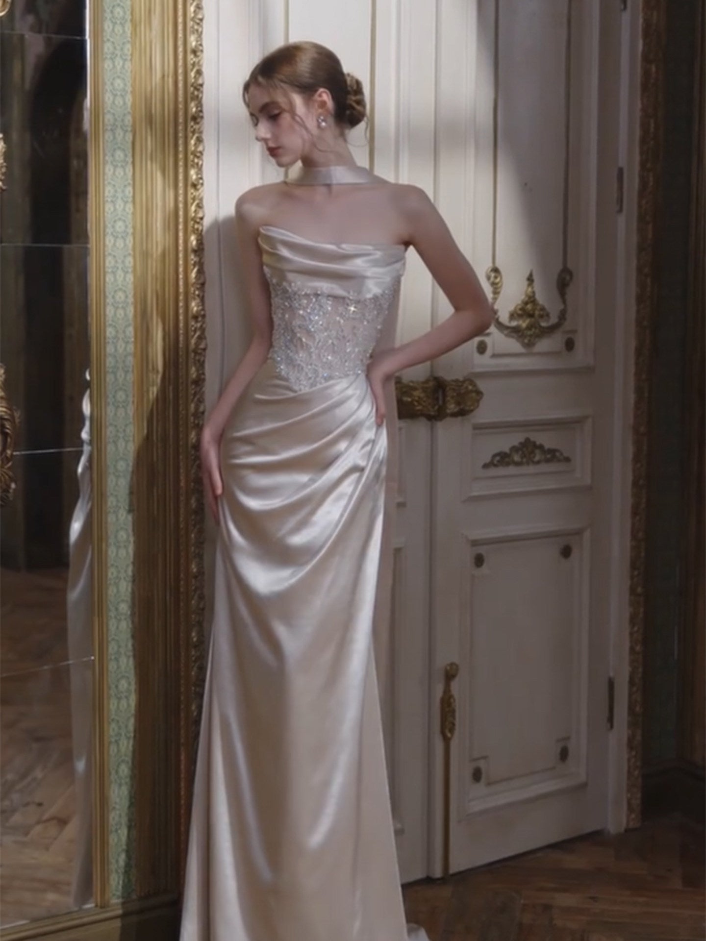 Strapless Satin Prom Dress Sheath Sequin Lace Evening Dress  L37