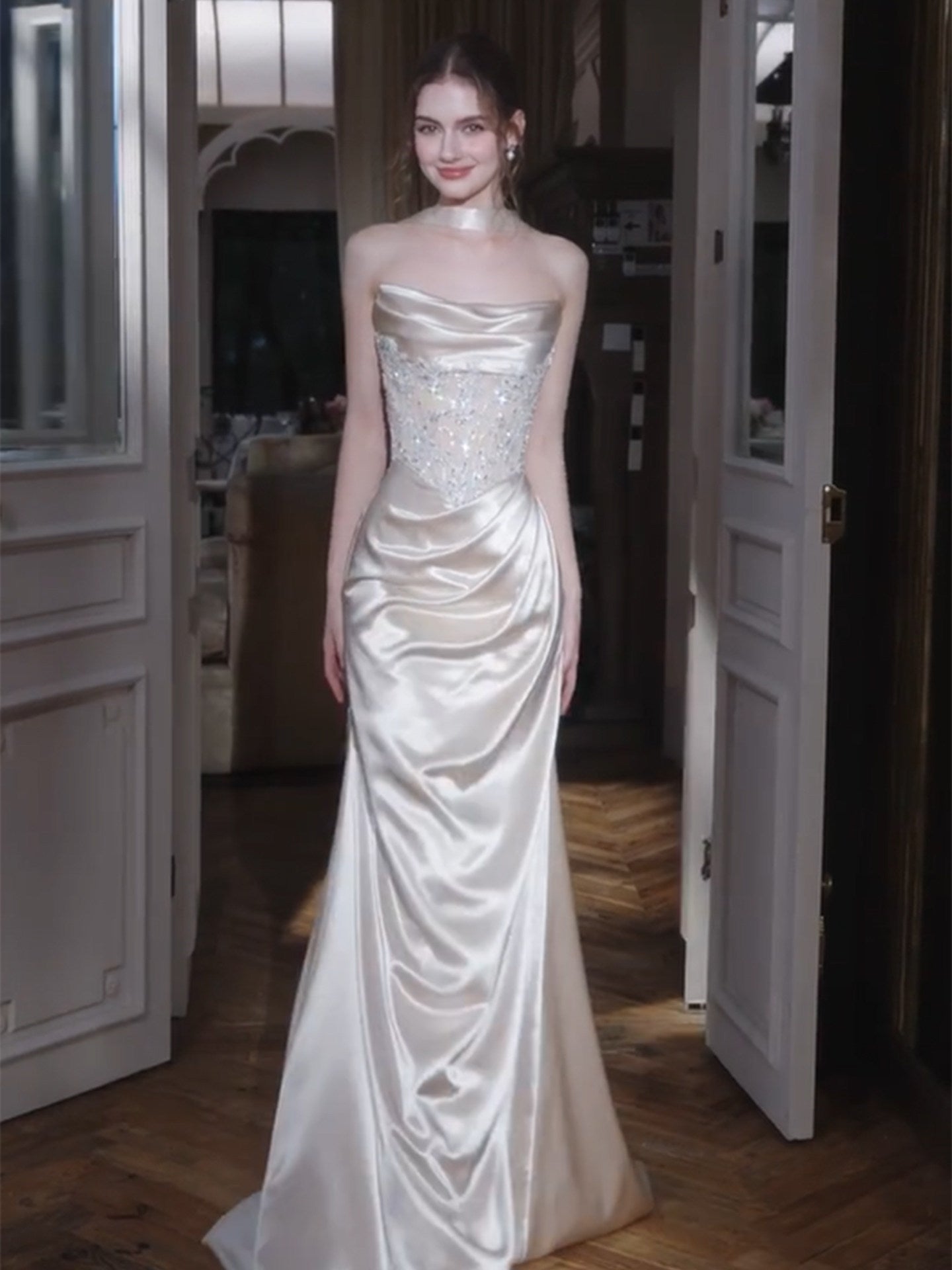 Strapless Satin Prom Dress Sheath Sequin Lace Evening Dress  L37