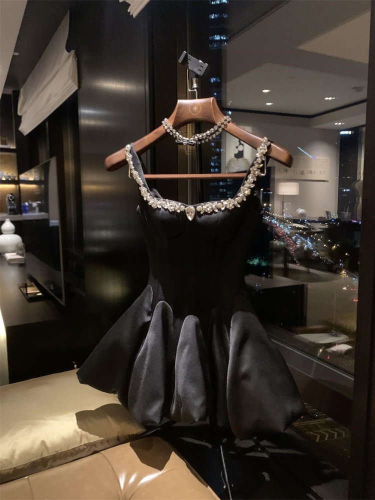 A Line Little Black Dress Satin Beads Birthday Dress  L38