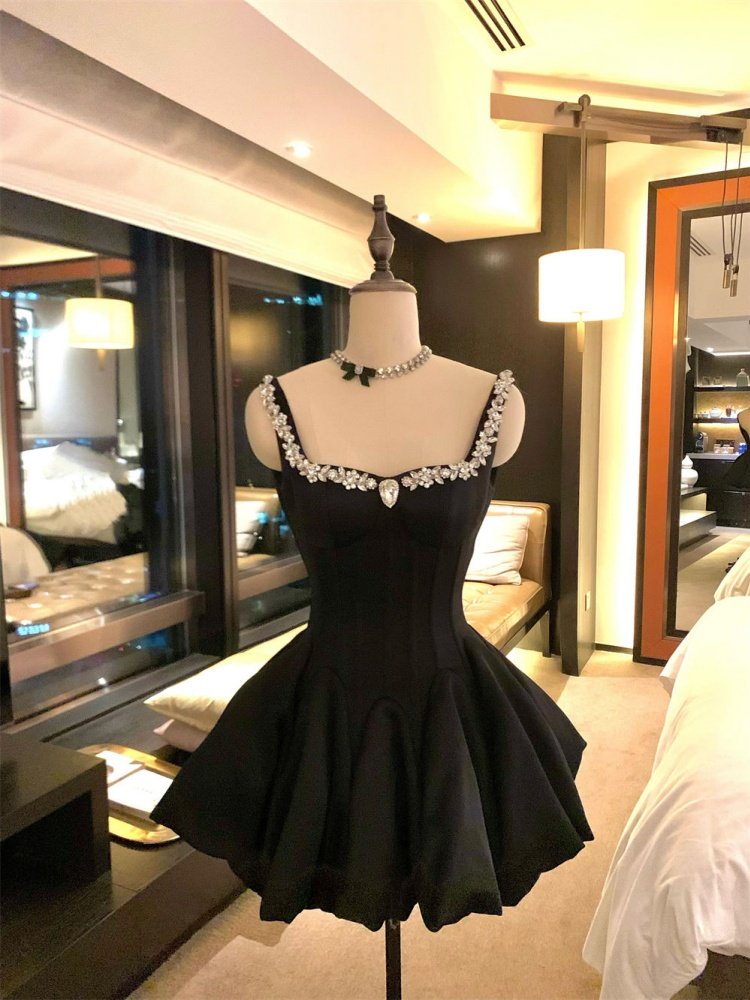 A Line Little Black Dress Satin Beads Birthday Dress  L38