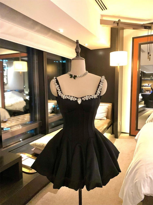 A Line Little Black Dress Satin Beads Birthday Dress  L38