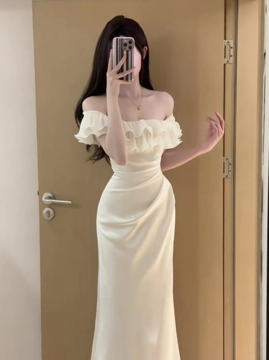 Off The Shoulder Off-white Long Prom Dress Ruffle Evening Dress  L39