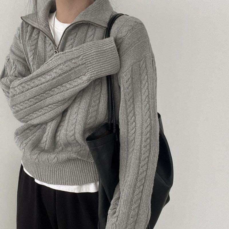 Retro Knit Pullover Sweater for Women Autumn Zip-up Casual Long-sleeved Pullover Top L3
