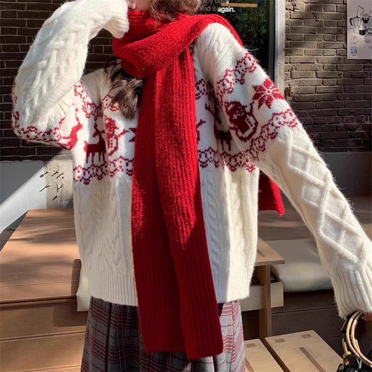 Retro Christmas Sweater for Women  Autumn Loose Round Neck Pullover Knit Top L4
