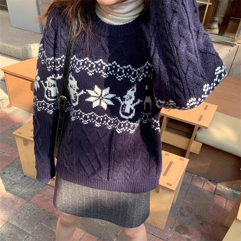 Retro Christmas Sweater for Women  Autumn Loose Round Neck Pullover Knit Top L4