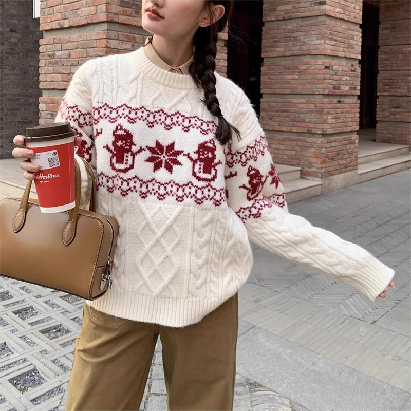 Retro Christmas Sweater for Women  Autumn Loose Round Neck Pullover Knit Top L4