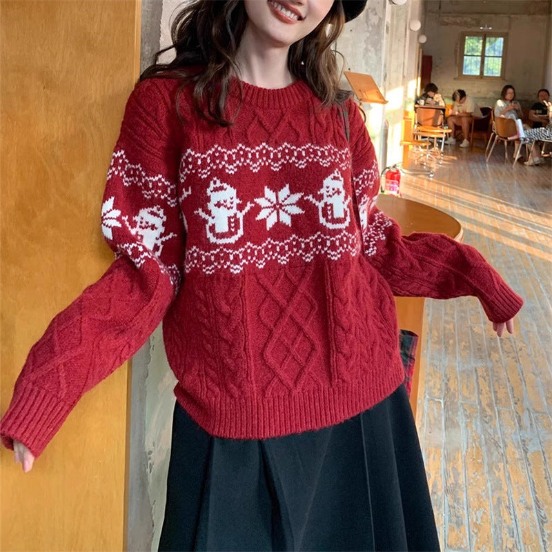 Retro Christmas Sweater for Women  Autumn Loose Round Neck Pullover Knit Top L4