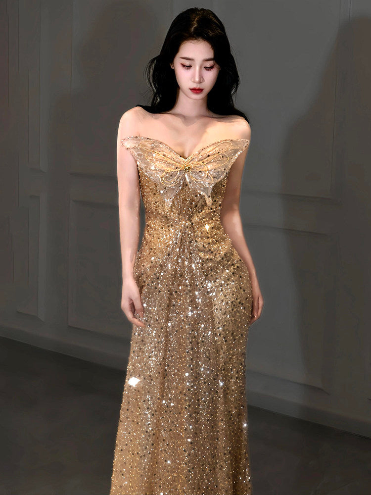 Gold Sequin Mermaid Prom Dress Sparkle Bow Evening Dress  L40