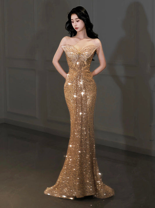 Gold Sequin Mermaid Prom Dress Sparkle Bow Evening Dress  L40