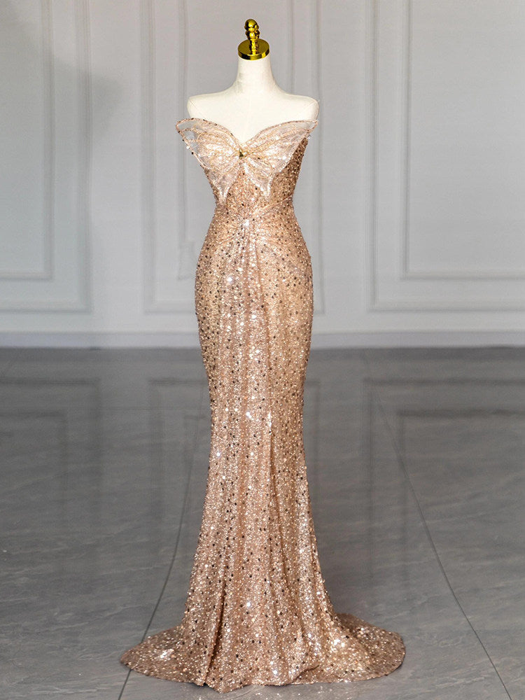 Gold Sequin Mermaid Prom Dress Sparkle Bow Evening Dress  L40