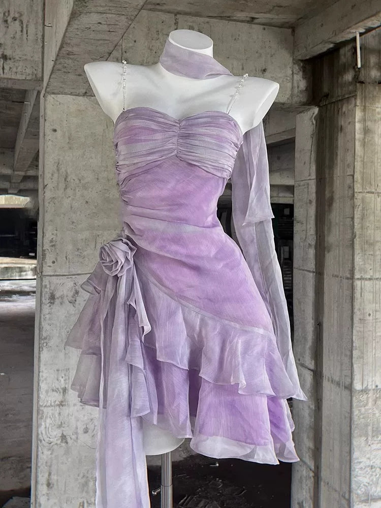 Spaghetti Straps Lilac Short Dress Ruffled Birthday Outfit  L44