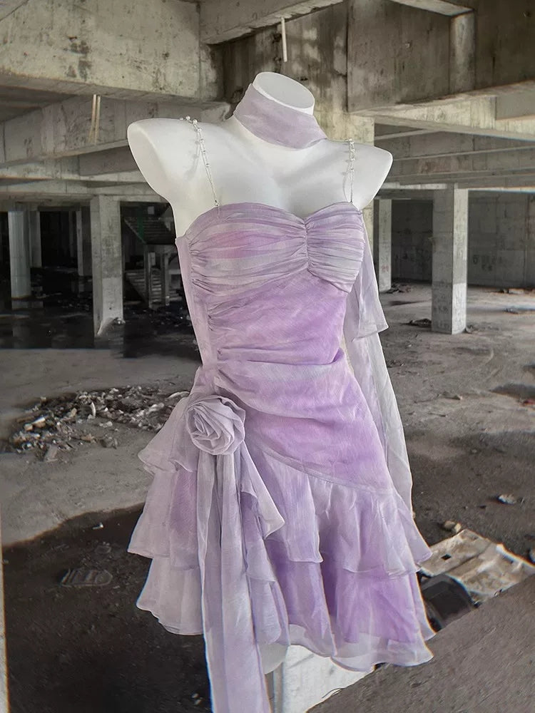 Spaghetti Straps Lilac Short Dress Ruffled Birthday Outfit  L44