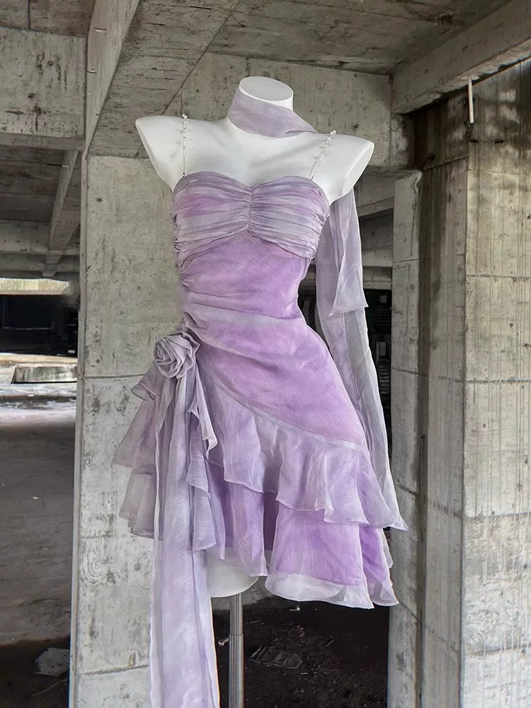 Spaghetti Straps Lilac Short Dress Ruffled Birthday Outfit  L44
