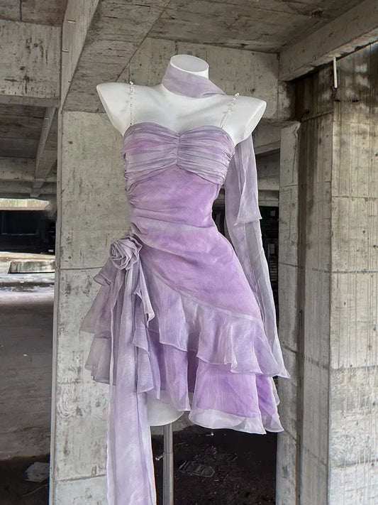 Spaghetti Straps Lilac Short Dress Ruffled Birthday Outfit  L44