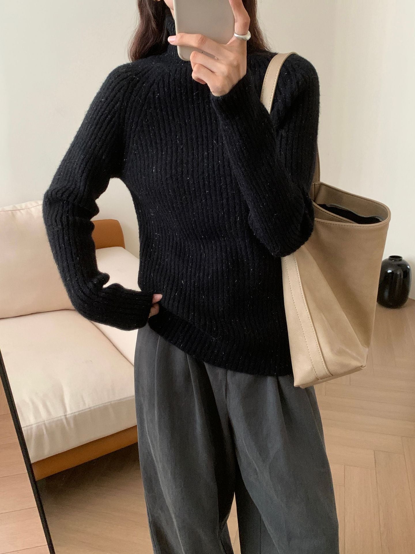Women  High-neck Sweater Loose Fit  Knitted  Sweater  L5