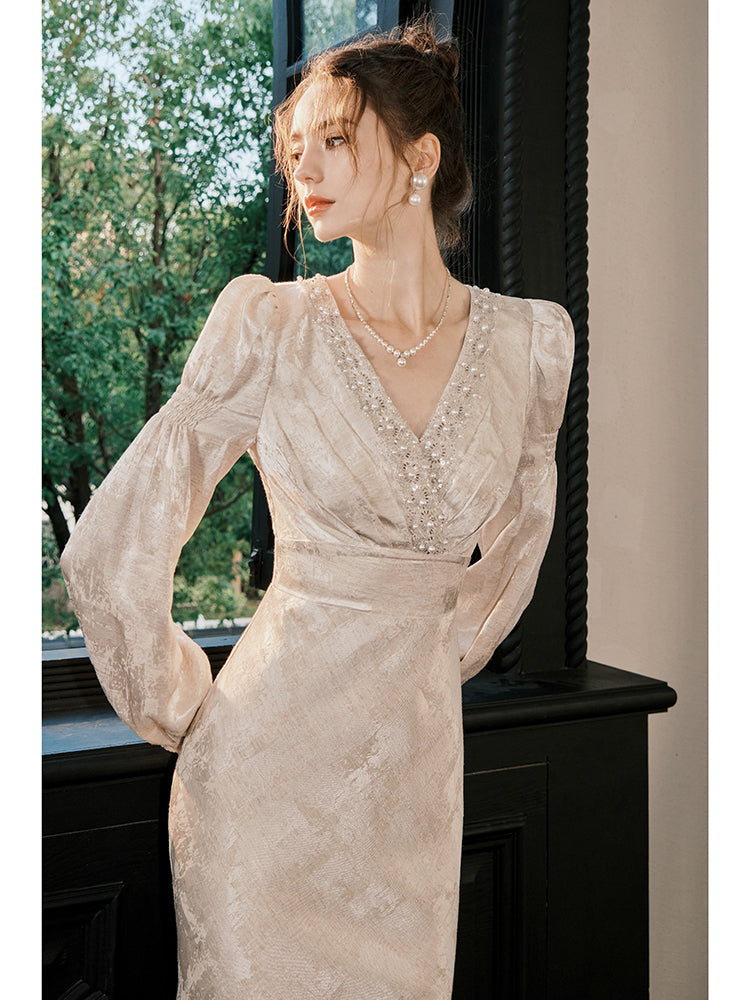 French-style Long-sleeved Mermaid Evening Dress Formal Party Dress L6
