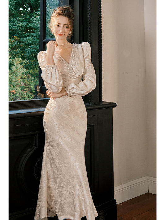 French-style Long-sleeved Mermaid Evening Dress Formal Party Dress L6