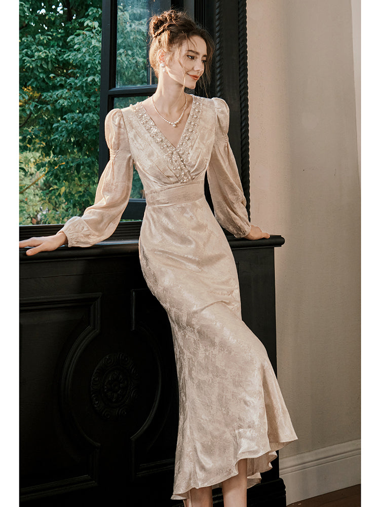 French-style Long-sleeved Mermaid Evening Dress Formal Party Dress L6
