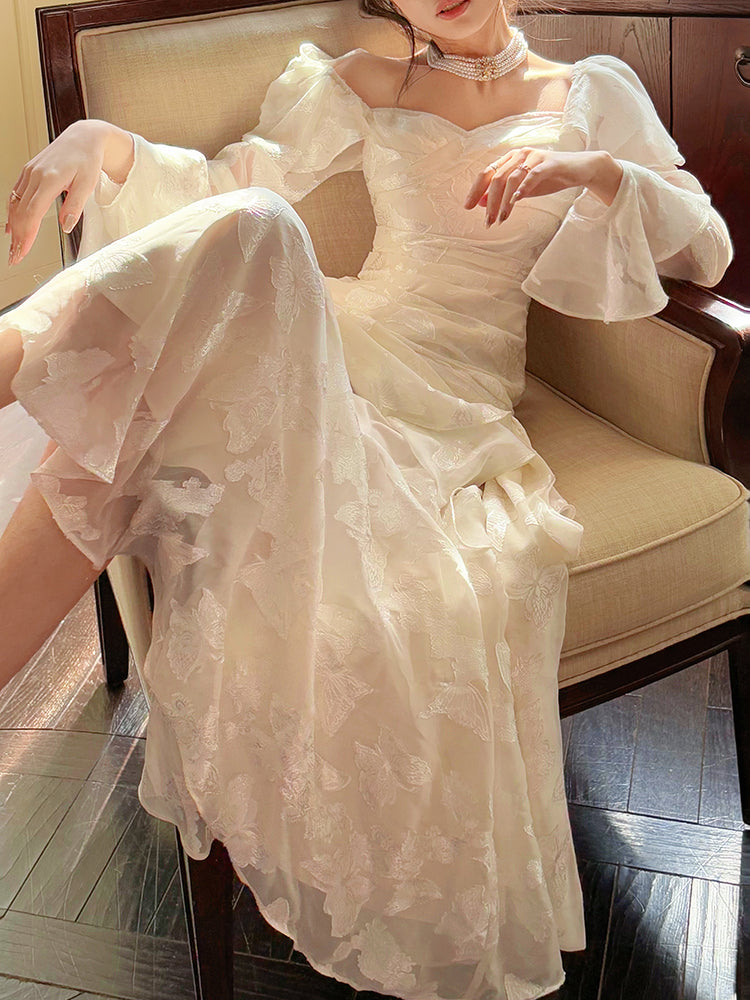 Butterfly Printed  Prom Dress Ruffled Long Sleeves Evening Dress Party Dress L9