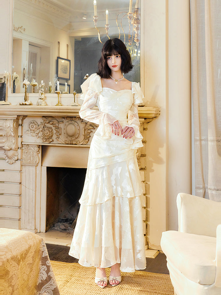 Butterfly Printed  Prom Dress Ruffled Long Sleeves Evening Dress Party Dress L9