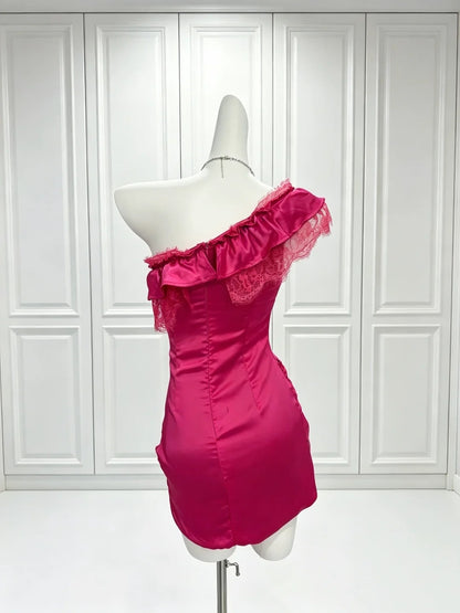 Lace Satin One Shoulder Hot Pink Sheath Homecoming Dress  P2407